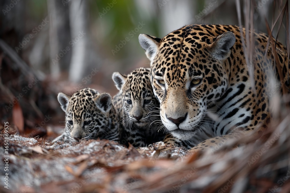 Obraz premium A jaguar playing with its cubs