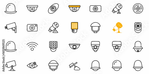 Illustration of various security cameras surveillance equipment and related technology icons in a grid