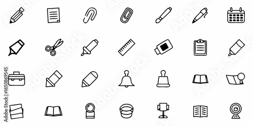 Illustration of office supplies including pencils paper clips scissors and other stationery items drawn in black