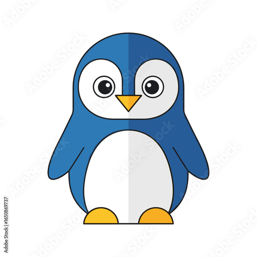 Adorable cartoon blue penguin with white belly and orange feet standing front view