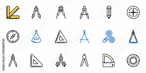 Illustration of drafting and navigation tools including rulers compasses and a plumb bob in a line art style