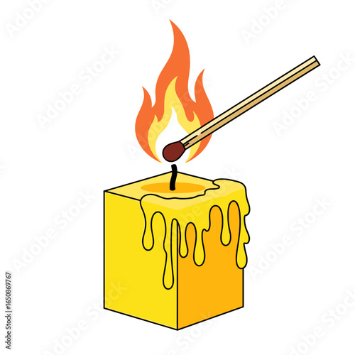 Close-up of a lit match igniting a cube-shaped candle with dripping wax on a white background