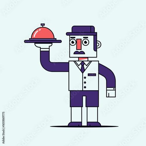 A stylishly dressed waiter stands ready to serve a delicious meal under a red cloche