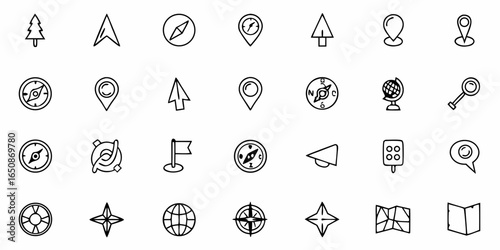 Collection of various navigation icons including compasses maps and location pins in a simple line style