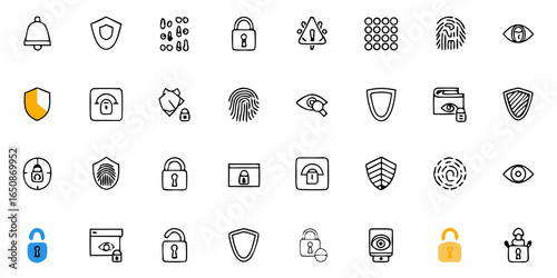Collection of security icons featuring locks shields fingerprints and eyes in black and white style design