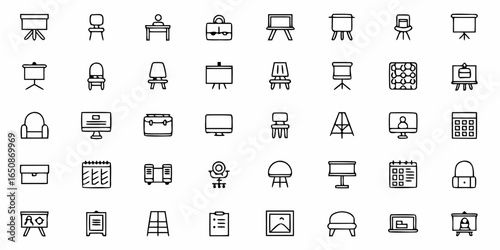 Collection of office furniture and equipment icons including chairs desks and presentation boards in black outline