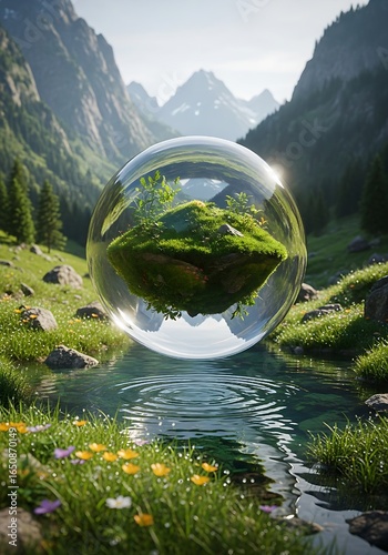 Hyper-realistic fantasy scene of a transparent floating orb above a crystal pond in an alpine valley, containing a miniature ecosystem surrounded by mountains and morning sunlight
