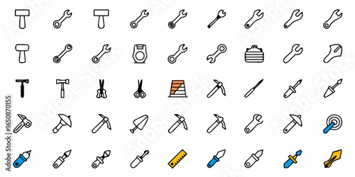Illustration of various tools including wrenches hammers and cutting instruments in a grid pattern