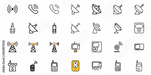 Illustration of various communication and broadcasting devices in a simple line art style format