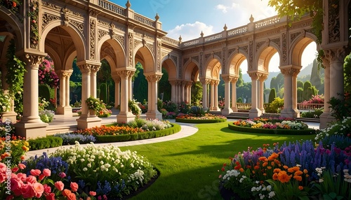 Ornamental palace garden with colonnades