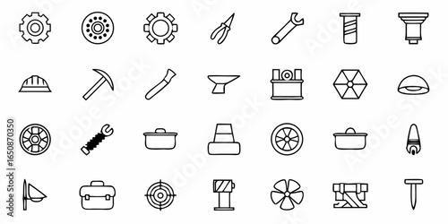 A collection of various outlined tools and equipment icons including gears, wrenches, and construction items
