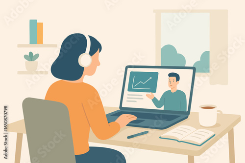 Flat vector illustration of woman working on laptop with online project report.