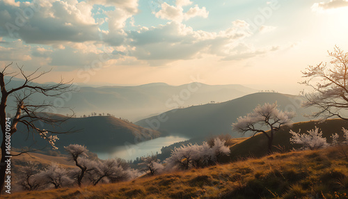 Early spring sunrise over a tranquil mountain landscape with blooming cherry blossom trees.