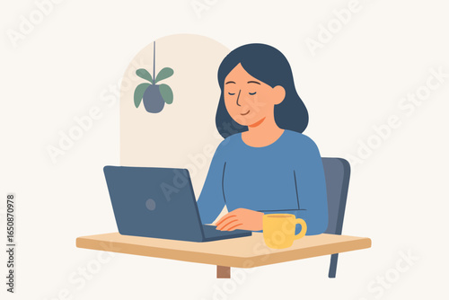 Flat design illustration of woman working remotely at home with laptop and coffee.