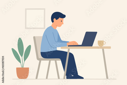 Vector illustration of man working on laptop at home office desk, remote job lifestyle.