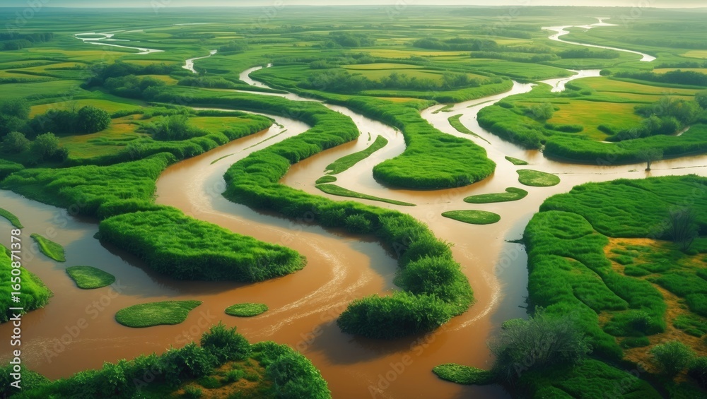 Naklejka premium Lush green river delta with winding water channels and islands in a wetland landscape. Nature and environment, ecosystem. The concept of wetlands and aquatic habitats.