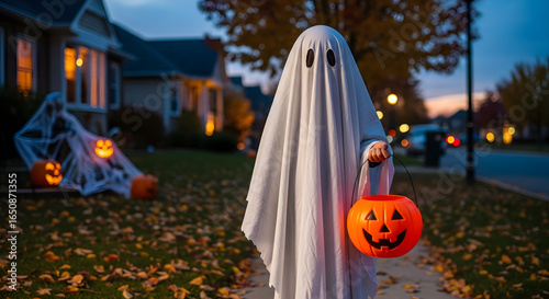 A child dressed as a ghost holding a pumpkin bucket on a sidewalk during halloween night at dusk time