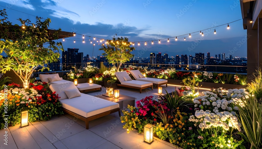 Fototapeta premium Stylish rooftop garden at twilight hour