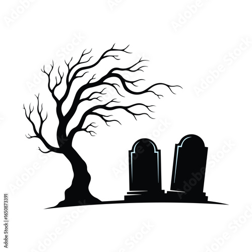 detailed spooky silhouette of a bare tree with two gravestones, dark and moody atmosphere, Halloween, gothic, somber, high contrast, digital art