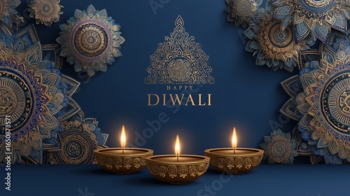 Elegant Diwali decorations featuring traditional lamps and colorful patterns on a serene blue background, celebrating the festival of lights.