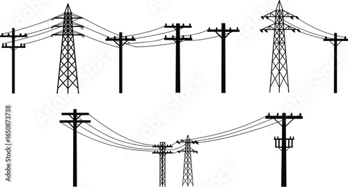 Silhouettes of power transmission towers and utility poles with electrical wires, energy distribution infrastructure, electrical grid, and power line network.