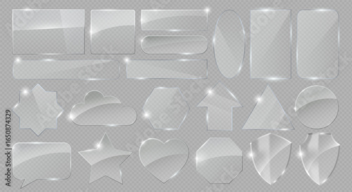 Set of 3d crystal glass shape, transparent geometric pattern symbol or hologram icon - heart, star, cloud, arrow, shield and speech bubble with holographic rainbow texture and iridescent glitter light