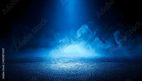 Dark mysterious background with swirling mist and smoke rising from the ground, illuminated by a blue spotlight.