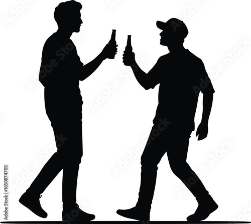 Silhouettes of two men walking and toasting with beer bottles, casual friendship celebration, socializing outdoors, happiness and companionship