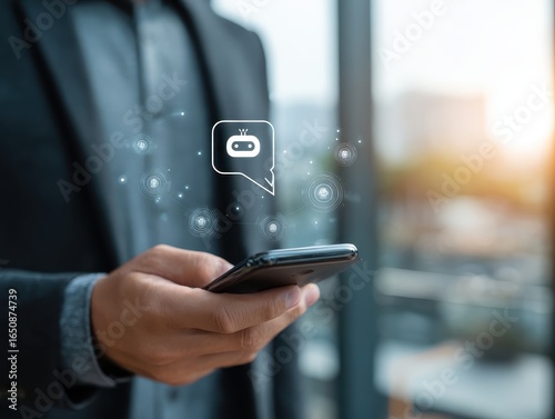 Businessman uses AI chatbot on smartphone for digital communication and customer service. Smart virtual artificial intelligence assistant, Intelligent system in today business and daily life world.