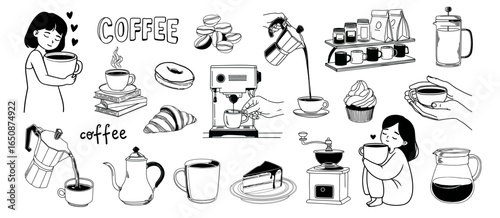 Doodle coffee stickers set. Cafe decoration line art coffeepot, croissant, beans, grinder, machine vector elements. Girl hugs big coffee cup