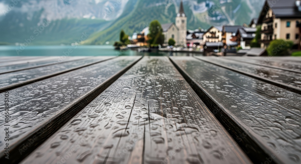 Obraz premium Rainy Wooden Pier Overlooking Hallstatt Village and Lake with Church - Scenic Alpine Landscape Photography