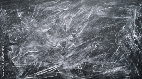 A dark chalkboard covered in chaotic white chalk scribbles, random crisscrossing lines with varying thickness,