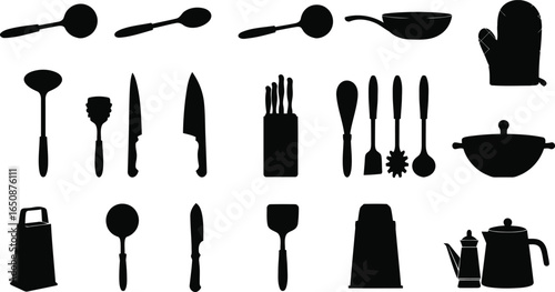 Set of kitchen utensils silhouettes vector illustration of spoon fork knife cutlery and cooking tools for food and restaurant design