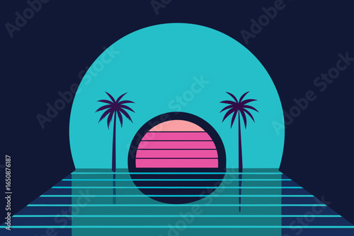 Digital Horizon with Cyan Arch and Hovering Palm Trees