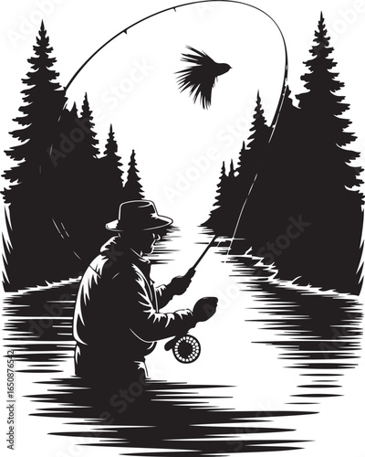 Fly fisherman casts line in river surrounded by pine forest