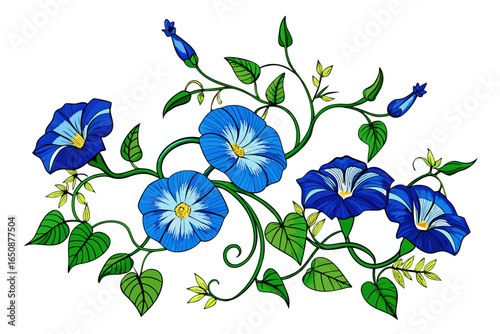 Embroidered Style Morning Glory Vines with Blue Petals