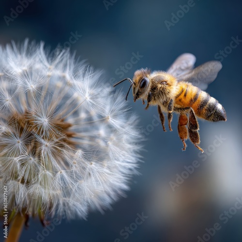 Bee hovers near dandelion fluff, captured in high speed detail against blurred background. image highlights bee delicate wings and intricate texture of dandelion
