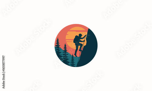 A climber conquers a vertical rock face with determination, framed by a vibrant sunset glow that symbolizes adventure, ambition, and the pursuit of personal challenges.
