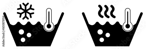 Hot water and cold water icon set on white background. Still and boiled water symbol. Basin with thermometer pictogram. Warm and cool bath concept. Hot and cold water,  cool water, water temperature