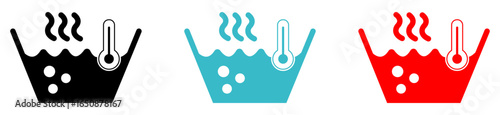 Hot water icon set in three different color black, blue and red color on white background. Vector illustration. Hot water Icon steam symbol. Boiling water icon vector. Bowl with hot water