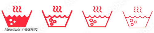 Hot water icon set in fill and outline style in red color on white background. Hot water in bowl with steam, high temperature of water drink. Boiling water icon vector. Bowl with hot water