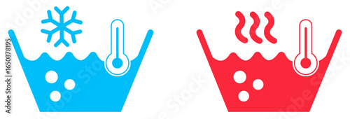 Hot water and cold water icon set on white background. Vector illustration. Bath temperature indicator. Snow, fire and steam sign. Basin with thermometer pictogram. Cold hot water laundry care symbols