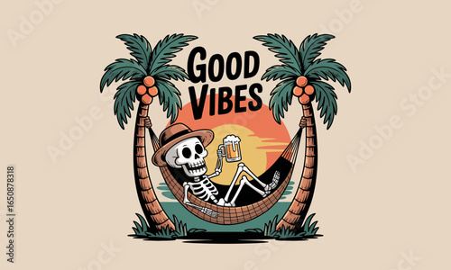 A playful skeleton enjoying a beer in a hammock while surrounded by palm trees and a sunset, perfectly encapsulating the essence of relaxation and good vibes.