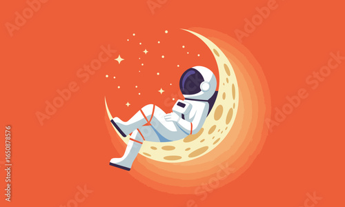 An astronaut comfortably reclines on a crescent moon, reading a book under a starry sky, merging the themes of curiosity and tranquility in a whimsical setting.