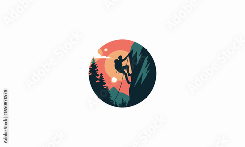 A determined climber scales a rugged cliffside against a captivating sunset, surrounded by lush pine trees, embodying the spirit of adventure and exploration in nature's grandeur.