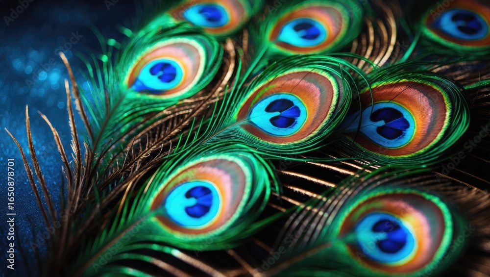 Obraz premium Vibrant peacock feathers with colorful eye patterns. Nature and wildlife, detailed textures. The beauty of bird plumage.