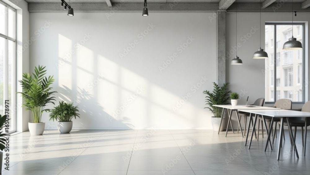 Obraz premium Espacio de oficina de coworking minimalista y luminoso con pisos de concreto, grandes paredes de vidrio, luces colgantes y escritorios blancos modernos