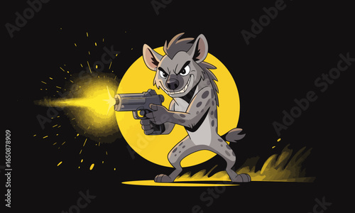 An action-packed illustration of a hyena confidently shooting a handgun, evoking a sense of coolness and intensity while emphasizing themes of bravery and determination in a fun manner.