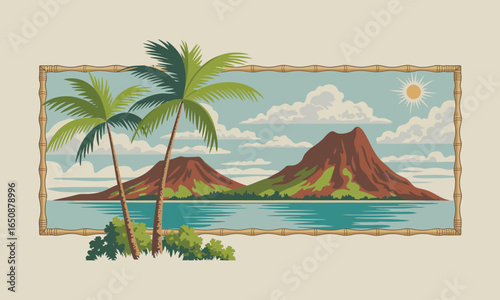 A serene illustration showcasing a stunning tropical landscape, featuring lush palm trees, a calm ocean, and distant mountains, representing tranquility and natural beauty.