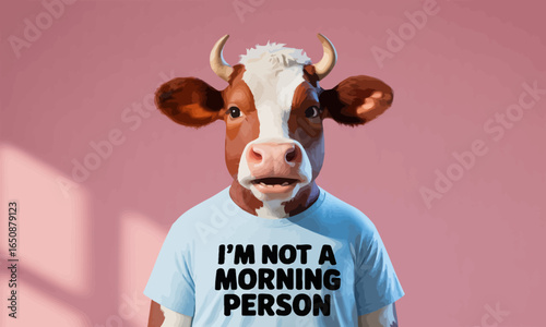 This comical cow character wears a humorous t-shirt expressing a dislike for mornings, ideal for playful and lighthearted branding or merchandise.